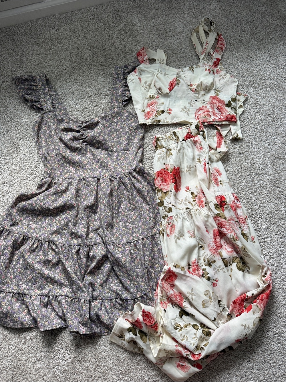 Cream & Pink Floral Maxi Dress Set with Adjustable Straps and floral Ruffle Mini